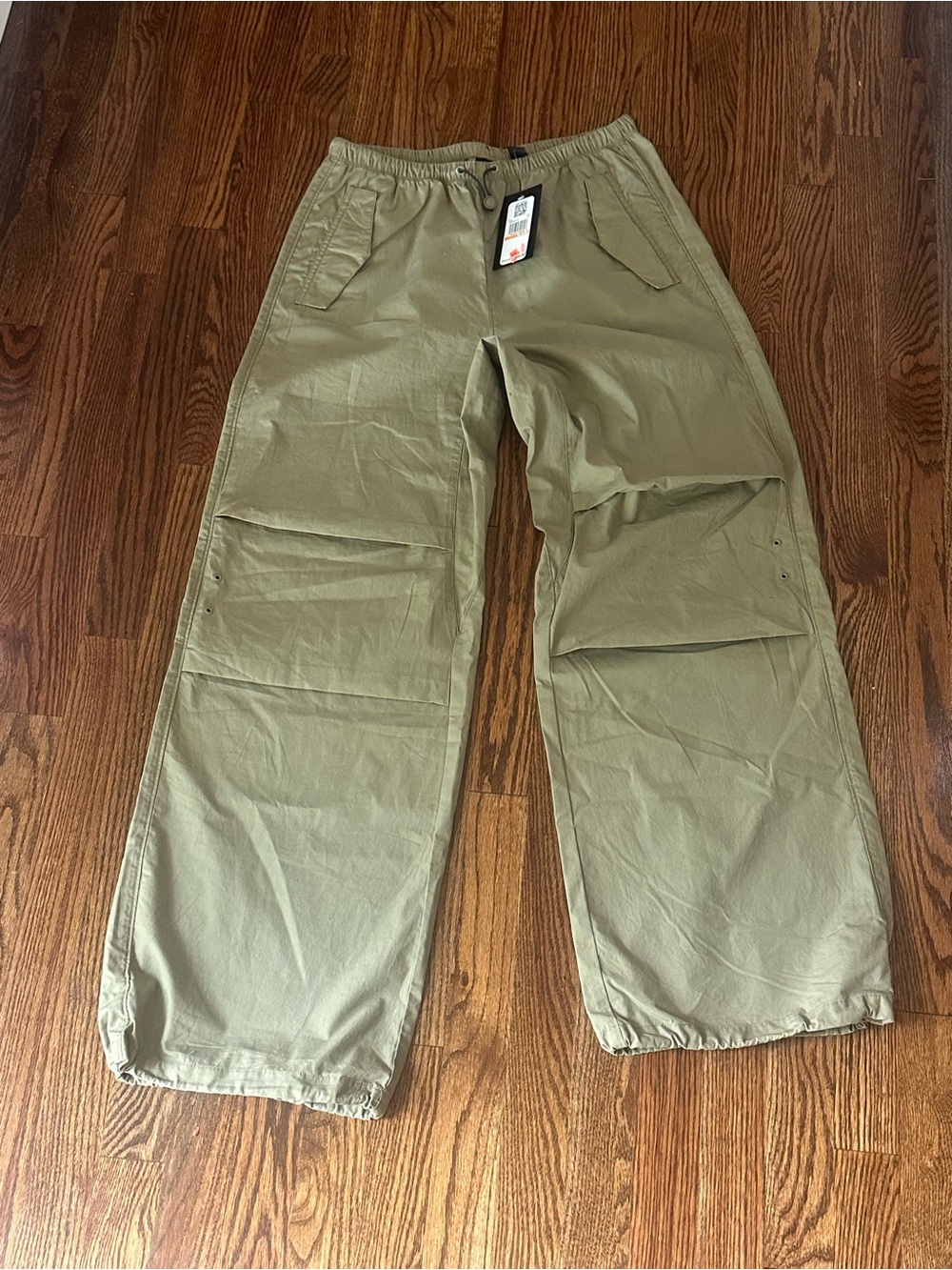 Converse Women Parachute Pants Beige Slate Green S Elastic Waist Drawstring